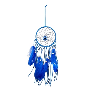 Handmade Round Evil Eye Leather Woven Net/Web with Feather Wall Hanging Decoration, with Iron Rings, Resin Pendants & Wooden Beads, for Home Offices Amulet Ornament, Royal Blue, 535mm