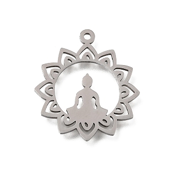 Buddhist 304 Stainless Steel Pendants, Lotus with Meditating Buddha Silhouette Charms, Cut-Out, Stainless Steel Color, 26x23x1mm, Hole: 1.5mm