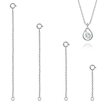 4Pcs 4 Styles Sterling Silver Cable Chain Extender, End Chains with Spring Clasps, Platinum, 32~100x1.5mm, 1Pc/style