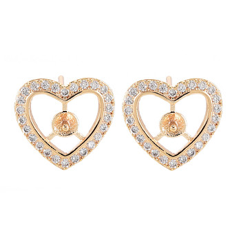 Brass Micro Pave Clear Cubic Zirconia Stud Earring Findings, for Half Drilled Beads, Nickel Free, Heart, Real 18K Gold Plated, 12.5x13mm, Pin: 0.8mm, pin: 1mm(for Half Drilled Beads)
