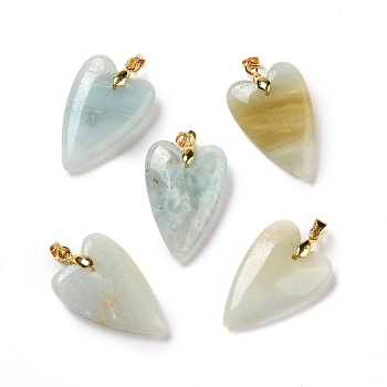Natural Flower Amazonite Pendants, with Rack Plating Golden Plated Brass Findings, Long-Lasting Plated, Heart, 32~34x20x8mm, Hole: 4x4mm