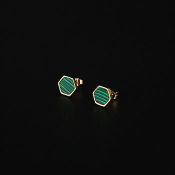 Natural Malachite Hexagon Stud Earrings, 304 Stainless Steel Earrings, Real 18K Gold Plated, No Size