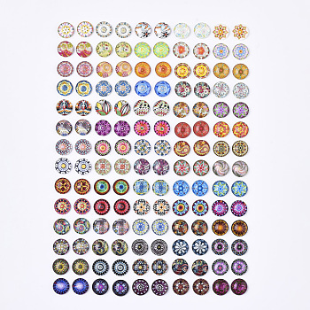 Glass Cabochons, with Self-Adhesive, for DIY Jewelry Making, Half Round with Mixed Patterns, Flower Pattern, 12x4.5mm