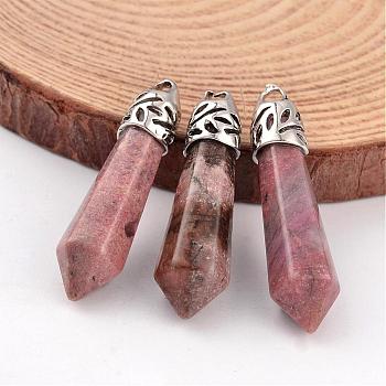 Bullet Natural Rhodochrosite Pendants, with Platinum Tone Alloy Findings, 33~40x8~10mm, Hole: 3x2mm