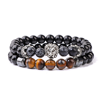 Natural Tiger Eye & Obsidian & Synthetic Hematite Stretch & Synthetic Black Turquoise Bead Stretch Bracelets, with Lion Head for Men, 