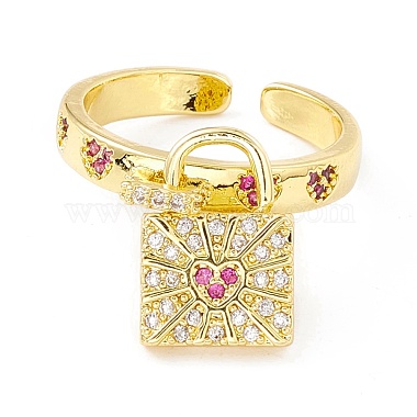 Cubic Zirconia Padlock with Heart Charm Open Cuff Ring(RJEW-I083-07G)-2