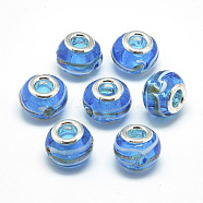 Handmade Lampwork European Beads, with Platinum Brass Double Cores, Large Hole Beads, Rondelle, Dodger Blue, 13~15x10mm, Hole: 5mm(LAMP-Q029-01E)