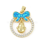 Christmas Theme Rack Plating Brass Micro Pave Cubic Zirconia Pendants, with Synthetic Opal, Long-Lasting Plated, Lead Free & Cadmium Free, Real 18K Gold Plated, Bowknot with Ring, Snowman, 26x22.8x5mm, Hole: 3x5mm(KK-U032-14G-03)