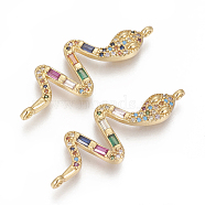 Brass Micro Pave Cubic Zirconia Links, Cadmium Free & Lead Free, Snake, Colorful, Golden, 35x13x2.5mm, Hole: 1.2mm(X-ZIRC-O034-11G)