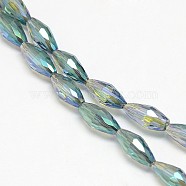 Electroplate Crystal Glass Rice Beads Strands, Faceted, Rainbow Color Plated, Dark Cyan, 4x9mm, Hole: 1mm, about 58pcs/strand, 20.4 inch(EGLA-F042-A13)