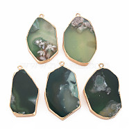 Natural Cherry Blossom Agate Pendants, with Light Gold Plated Iron Findings, Dyed & Heated, Nuggets, Dark Green, 46~57x29.5~35x6~7mm, Hole: 2mm(G-N326-125-01LG)
