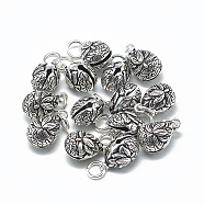 Thai 925 Sterling Silver Bell Charms, with Jump Ring, Teardrop with Lotus, Antique Silver, 15x9x9mm, Hole: 4mm(STER-T002-11AS)