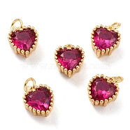 Real 18K Gold Plated Brass Inlaid Cubic Zirconia Charms, with Jump Ring, Long-Lasting Plated, Heart, Deep Pink, 8.5x7x4mm, Jump Ring: 4x0.5mm, 2.5mm Inner Diameter(ZIRC-L100-074G-06)