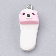 Handmade Polymer Clay Pendants, with Iron Findings, Slipper with Bear, Platinum, White, 34~35x14x13mm, Hole: 2mm(CLAY-T012-29)