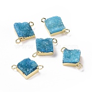 Natural Druzy Quartz Links connectors, with Brass Findings, Square, Silver, Deep Sky Blue, 16~18x13~14x6~8mm, Hole: 2mm(G-P396-09G-10)