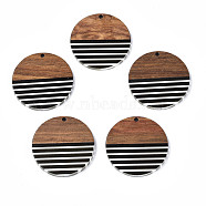 Stripe Resin & Walnut Wood Pendants, Flat Round, Black, 35x3mm, Hole: 2mm(RESI-N025-022)