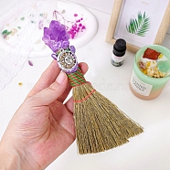 Natural Amethyst Cluster Witch Altar Broom, Mini Wicca Brush, Mane Broomstick, with Metal Sun, for Magic Ceremonial, Halloween Wiccan Ritual, 150~170mm(PW-WG60921-01)