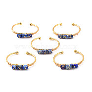 Natural Lapis Lazuli Triple Column Beaded Open Cuff Bangle, Wire Wrape Brass Jewelry for Women, Golden, Inner Diameter: 2-1/8 inch(5.45~5.55cm)(BJEW-E377-01G-05)