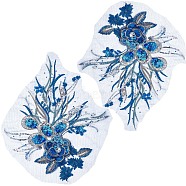 3D Flower Polyester Embroidery Sew on Flower Appliques, with Paillettes & Acrylic Rhinestones, Sewing Craft Decoration for Wedding Dress, Cheongsam, Medium Blue, 350~400x270~290x6.5mm(PATC-WH0008-24B)