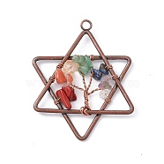 7 Chakra Pentagram Natural Mixed Stone Copper Wire Wrapped Chip Big Pendants, Tree of Life Charm, with Red Copper Tone Iron Findings, 55x43x8mm, Hole: 3.6mm(G-E195-10R-02)