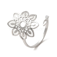 304 Stainless Steel Open Cuff Ring, Hollow Flower, Stainless Steel Color, Inner Diameter: 20mm(RJEW-Z026-02P)