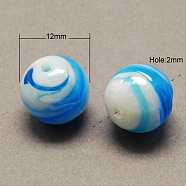 Handmade Lampwork Beads, Pearlized, Round, Deep Sky Blue, 12mm, Hole: 2mm(LAMP-S005-4)