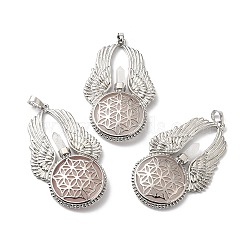 Natural Rose Quartz Big Pendants, Flat Round with Wing Charms, with Rack Plating Platinum Tone Brass Findings, Cadmium Free & Lead Free, 61.5x37x5.5mm, Hole: 8x5mm(G-R486-02P-07)
