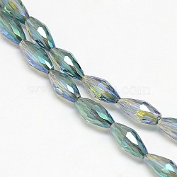 Electroplate Crystal Glass Rice Beads Strands, Faceted, Rainbow Color Plated, Dark Cyan, 4x9mm, Hole: 1mm, about 58pcs/strand, 20.4 inch(EGLA-F042-A13)