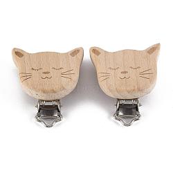 Beech Wood Kitten Baby Pacifier Holder Clips, with Iron Clips, Cat Head, Platinum, BurlyWood, 47~49x43~44.5x17~18mm, Hole: 3.5x6mm(WOOD-T015-25)