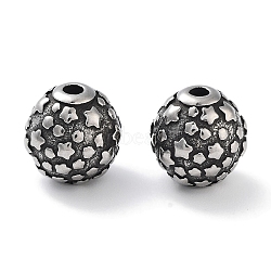 304 Stainless Steel Beads, Round with Star Pattern, Antique Silver, 9.5x9mm, Hole: 1.6mm(STAS-M057-33AS)