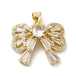 Rack Plating Brass Micro Pave Cubic Zirconia Pendants, Cadmium Free & Lead Free, Real 18K Gold Plated, Long-Lasting Plated, Bowknot, Clear, 18.5x22x6mm, Hole: 3.5x5mm(KK-P241-34G)