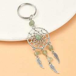 Natural Green Aventurine Chip Keychain, with Tibetan Style Pendants and 316 Surgical Stainless Steel Key Ring, Woven Net/Web with Feather, 107mm, Pendant: 82x28x7mm(KEYC-YW0001-06)