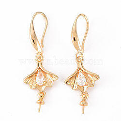 Brass Micro Pave Clear Cubic Zirconia Earring Hooks, for Half Drilled Bead, with Shell Shape Links Connectors, Nickel Free, Real 18K Gold Plated, 37.5x12.5mm, 18 Gauge, Pin: 1mm, 23 Gauge, Pin: 0.6mm(for Half Drilled Bead)(KK-T062-120G-NF)