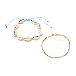 Natural Cowrie Shell Braided Bead Anklets Set for Girl Women, 304 Stainless Steel Figaro Chains Anklets, Golden, Light Sky Blue, 9-1/4 inch(23.5cm),  2-1/4~3 inch(5.6~77cm), 2pcs/set(AJEW-AN00451-01)