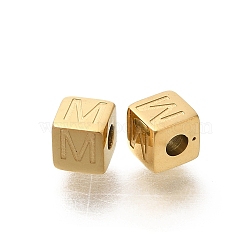 Ion Plating(IP) 304 Stainless Steel Beads, Cube with Letter, Real 14K Gold Plated, Letter M, 5x5x5mm, Hole: 2mm(STAS-F308-01G-M)