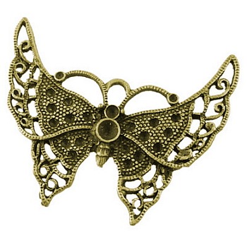 Tibetan Style Big Butterfly Pendant Rhinestone Settings, Antique Bronze, Lead Free & Cadmium Free, 55x43x2mm, Hole: 6mm