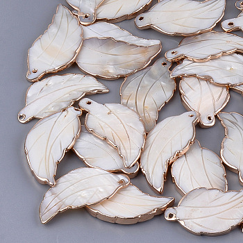 Electroplate Freshwater Shell Big Pendants, Leaf, Seashell Color, 48~55x20~28x2~8mm, Hole: 2mm