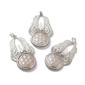 Natural Rose Quartz Big Pendants, Flat Round with Wing Charms, with Rack Plating Platinum Tone Brass Findings, Cadmium Free & Lead Free, 61.5x37x5.5mm, Hole: 8x5mm