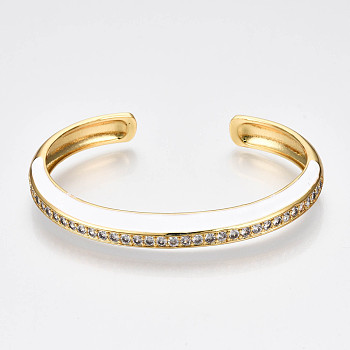 Brass Micro Pave Clear Cubic Zirconia Cuff Bangles, with Enamel, Nickel Free, Real 16K Gold Plated, Creamy White, Inner Diameter: 2-3/8 x1-7/8 inch(5.9x4.7cm)