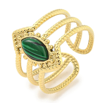 Ion Plating(IP) 304 Stainless Steel Synthetic Malachite Cuff Rings, Horse Eye Wide Band Open Rings for Women Men, Real 18K Gold Plated, Adjustable
