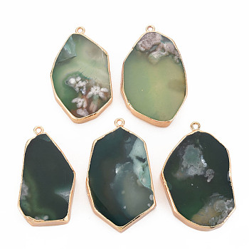 Natural Cherry Blossom Agate Pendants, with Light Gold Plated Iron Findings, Dyed & Heated, Nuggets, Dark Green, 46~57x29.5~35x6~7mm, Hole: 2mm