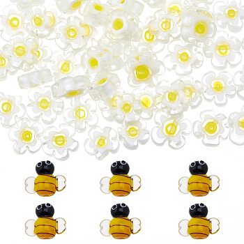 Handmade Lampwork Beads, Bees and Flower, Mixed Color, 10~16x10~16.5x2.6~11.2mm, Hole: 1~1.4mm, 66pcs