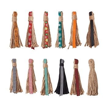 12Pcs 12 Style Jute Tassel Pendants, with Polyester Ribbon, Christmas Theme, for Garland Making, Mixed Color, 115~130x15~17x13mm, 1Pc/style