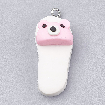 Handmade Polymer Clay Pendants, with Iron Findings, Slipper with Bear, Platinum, White, 34~35x14x13mm, Hole: 2mm