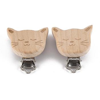 Beech Wood Kitten Baby Pacifier Holder Clips, with Iron Clips, Cat Head, Platinum, BurlyWood, 47~49x43~44.5x17~18mm, Hole: 3.5x6mm