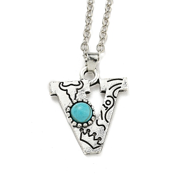 Letter A~Z Antique Silver Plated Alloy with Synthetic Turquoise Pendant Necklace, with Iron Cable Chains, Letter V, 18.70 inch(475mm), Letter V: 25.5x22mm