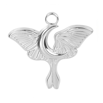 Stainless Steel Pendants, Moon with Butterfly Charms, Stainless Steel Color, 24x25x2mm, Hole: 2.5mm