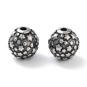 304 Stainless Steel Beads, Round with Star Pattern, Antique Silver, 9.5x9mm, Hole: 1.6mm