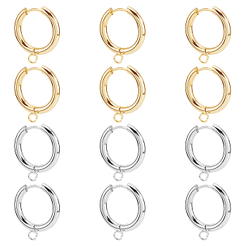12Pcs 2 Colors 201 Stainless Steel Huggie Hoop Earring Findings, with Horizontal Loop and 316 Surgical Stainless Steel Pin, Golden & Stainless Steel Color, 18 Gauge, 22x20x3mm, Hole: 2.5mm, Pin: 1mm, 6Pcs/color