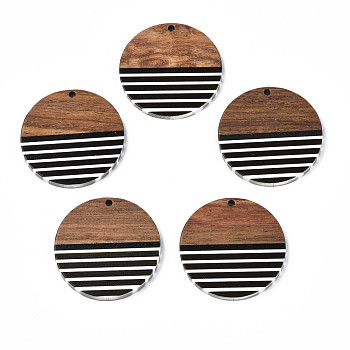 Stripe Resin & Walnut Wood Pendants, Flat Round, Black, 35x3mm, Hole: 2mm